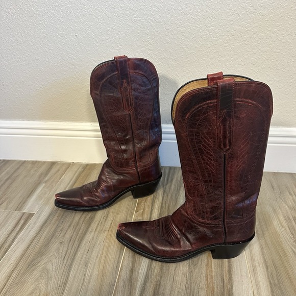Lucchese Womens Cherry Red Cowboy Western Boots Size 7.5 B N4764 Usa Snip Toe